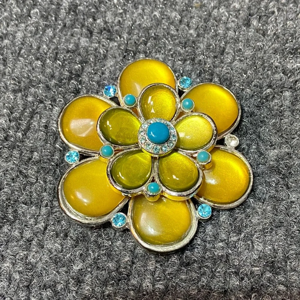 Vintage Flower Brooch Yellow & Turquoise Rhinestone Floral Pin Costume Jewelry